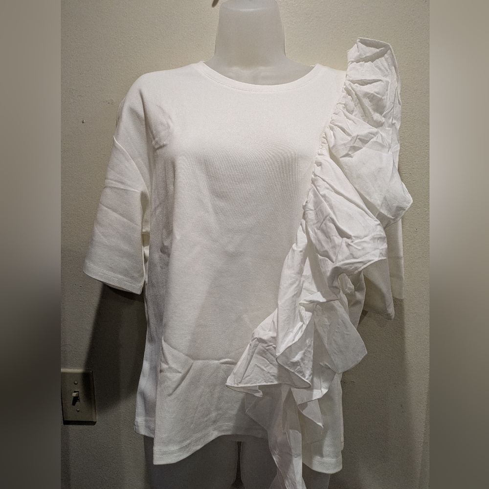 Chic White Ruffle Accent Blouse Size L/Xl